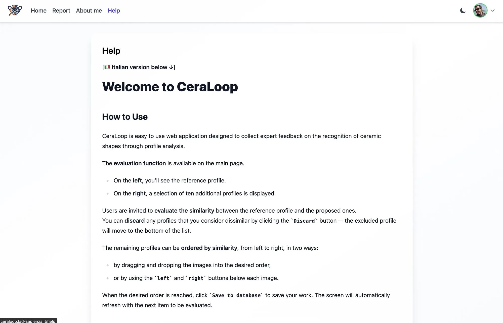 05 CeraLoop: pagina di informazioni generali, dentro il programma